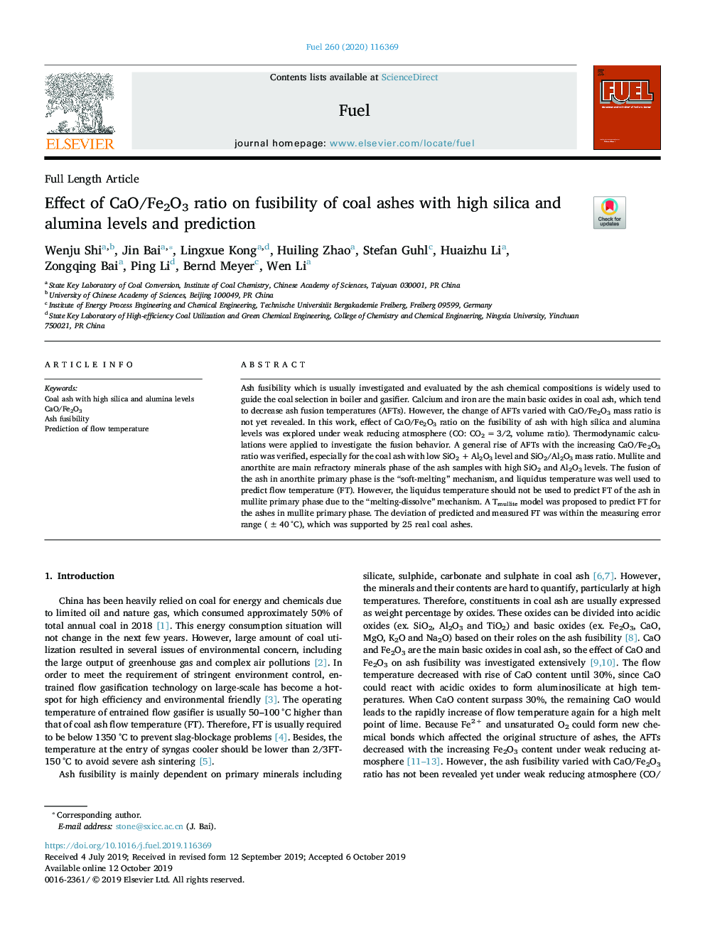 Effect of CaO/Fe2O3 ratio on fusibility of coal ashes with high silica and alumina levels and prediction