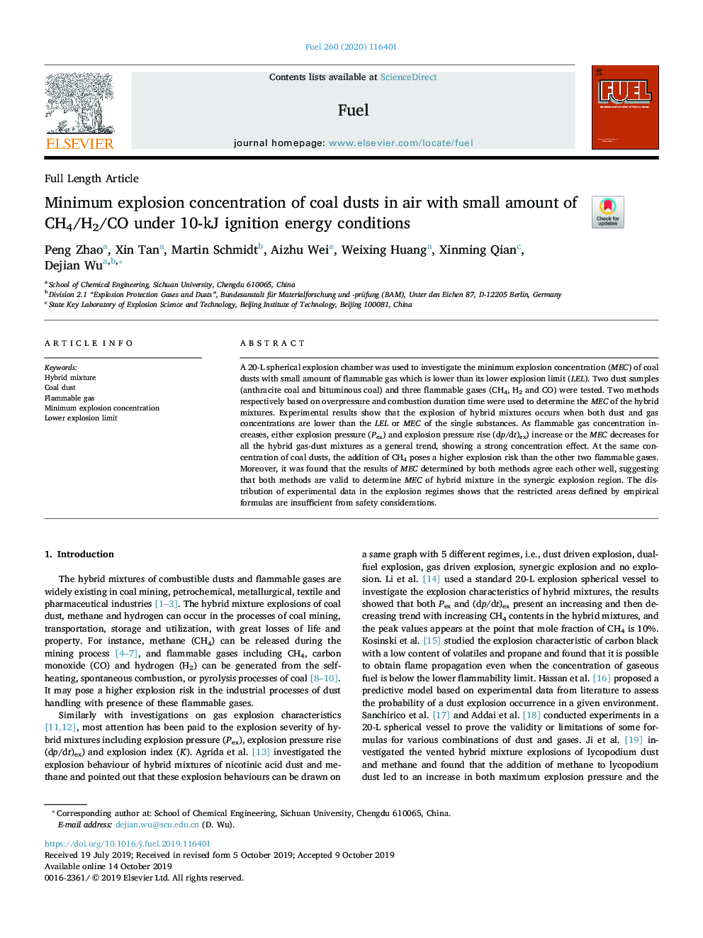 Minimum explosion concentration of coal dusts in air with small amount of CH4/H2/CO under 10-kJ ignition energy conditions