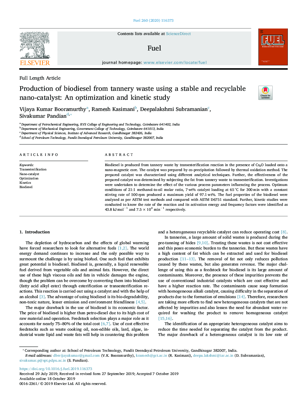 Production of biodiesel from tannery waste using a stable and recyclable nano-catalyst: An optimization and kinetic study