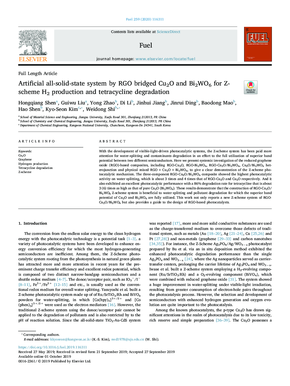 Artificial all-solid-state system by RGO bridged Cu2O and Bi2WO6 for Z-scheme H2 production and tetracycline degradation