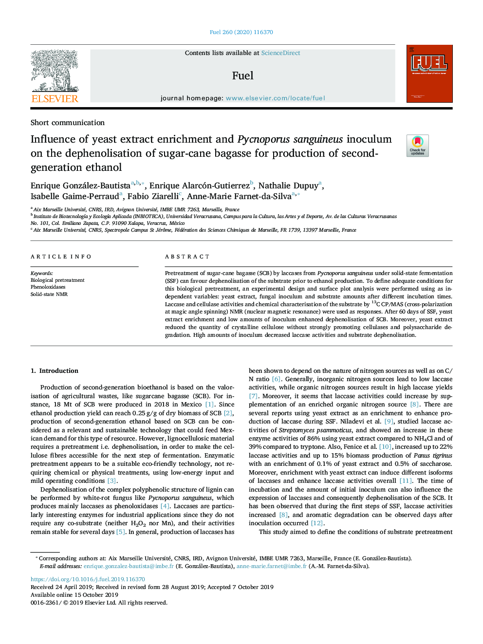 Influence of yeast extract enrichment and Pycnoporus sanguineus inoculum on the dephenolisation of sugar-cane bagasse for production of second-generation ethanol