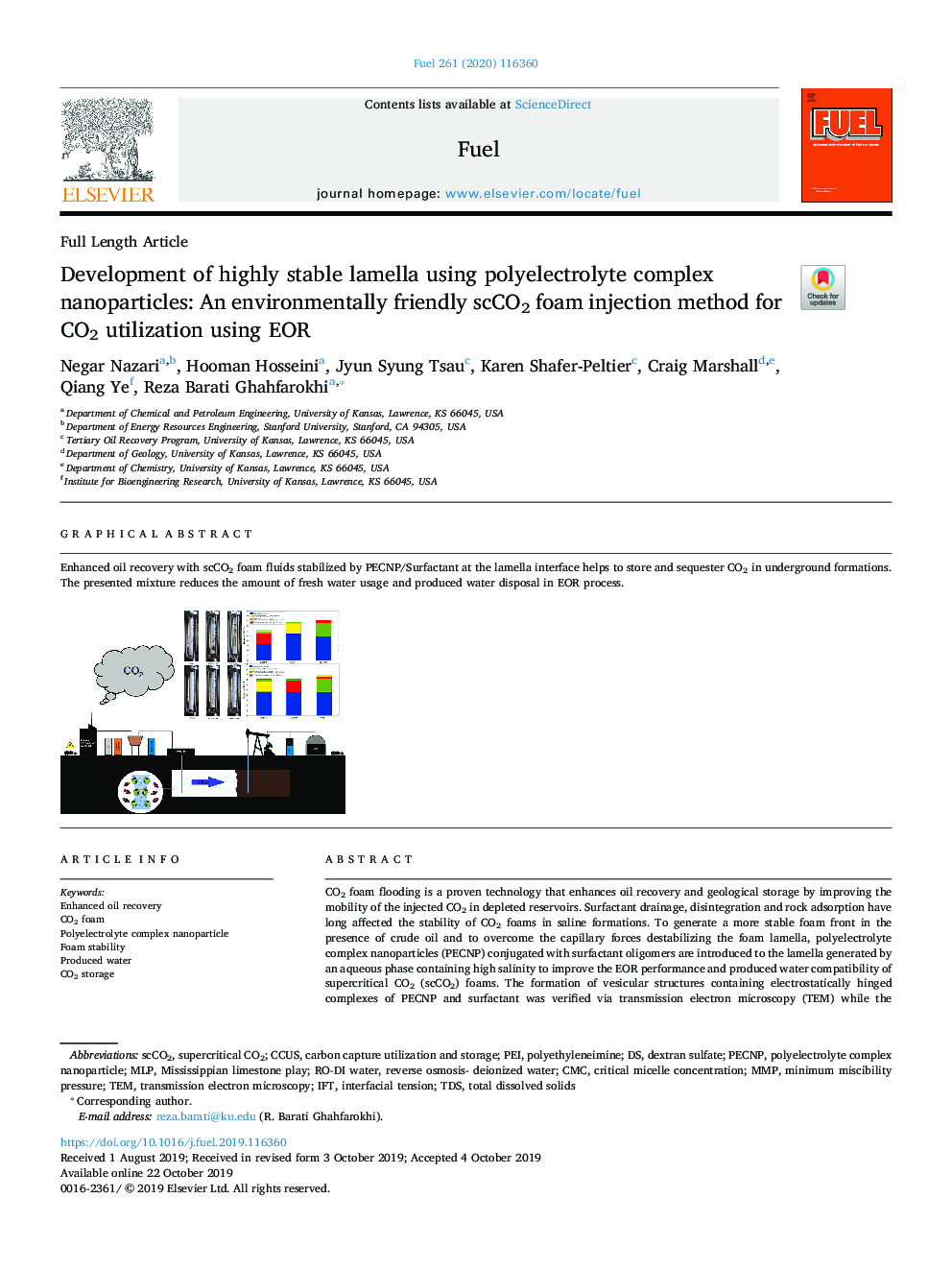 Development of highly stable lamella using polyelectrolyte complex nanoparticles: An environmentally friendly scCO2 foam injection method for CO2 utilization using EOR