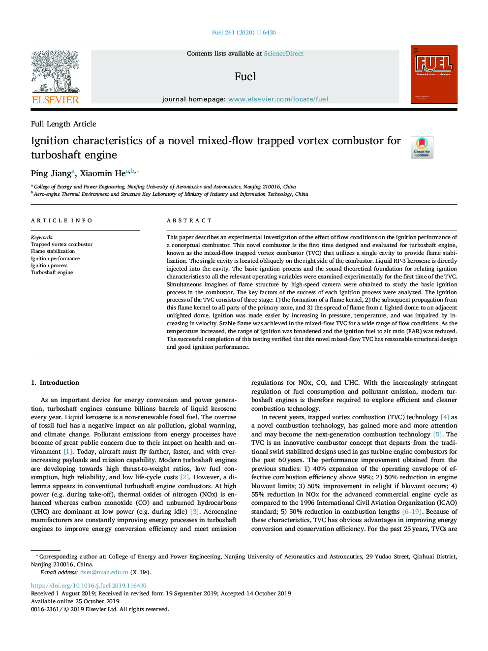 Ignition characteristics of a novel mixed-flow trapped vortex combustor for turboshaft engine