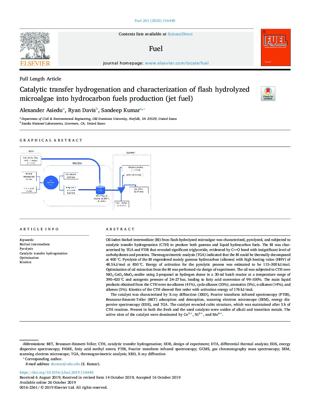 Catalytic transfer hydrogenation and characterization of flash hydrolyzed microalgae into hydrocarbon fuels production (jet fuel)