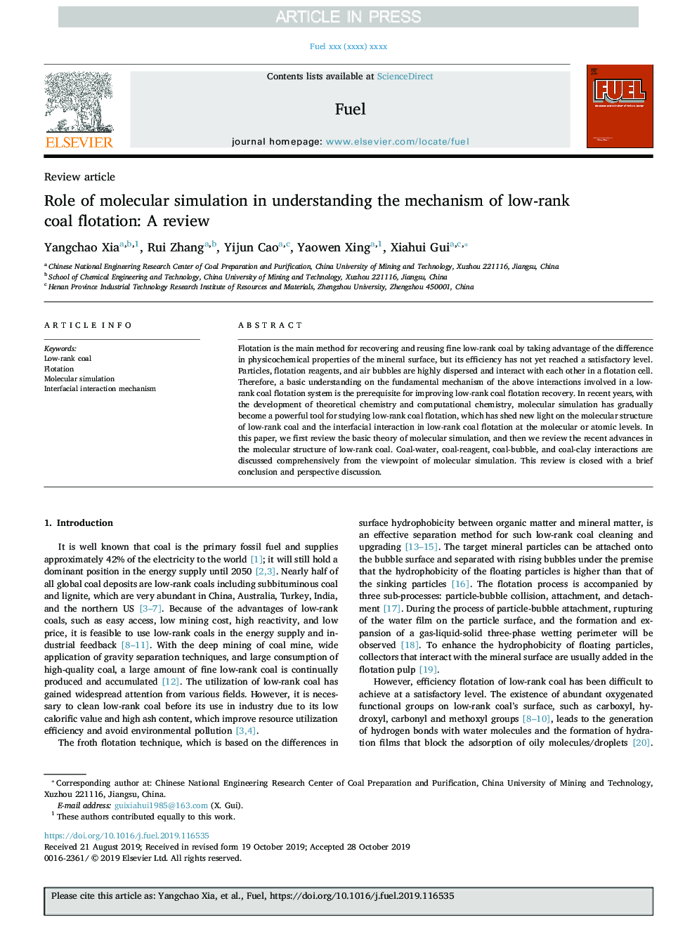 Role of molecular simulation in understanding the mechanism of low-rank coal flotation: A review