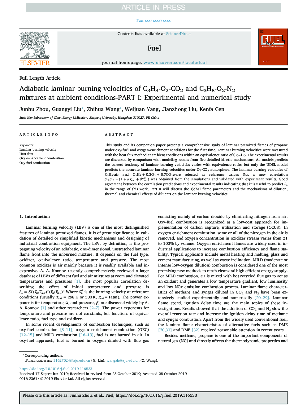 Adiabatic laminar burning velocities of C3H8-O2-CO2 and C3H8-O2-N2 mixtures at ambient conditions-PART I: Experimental and numerical study