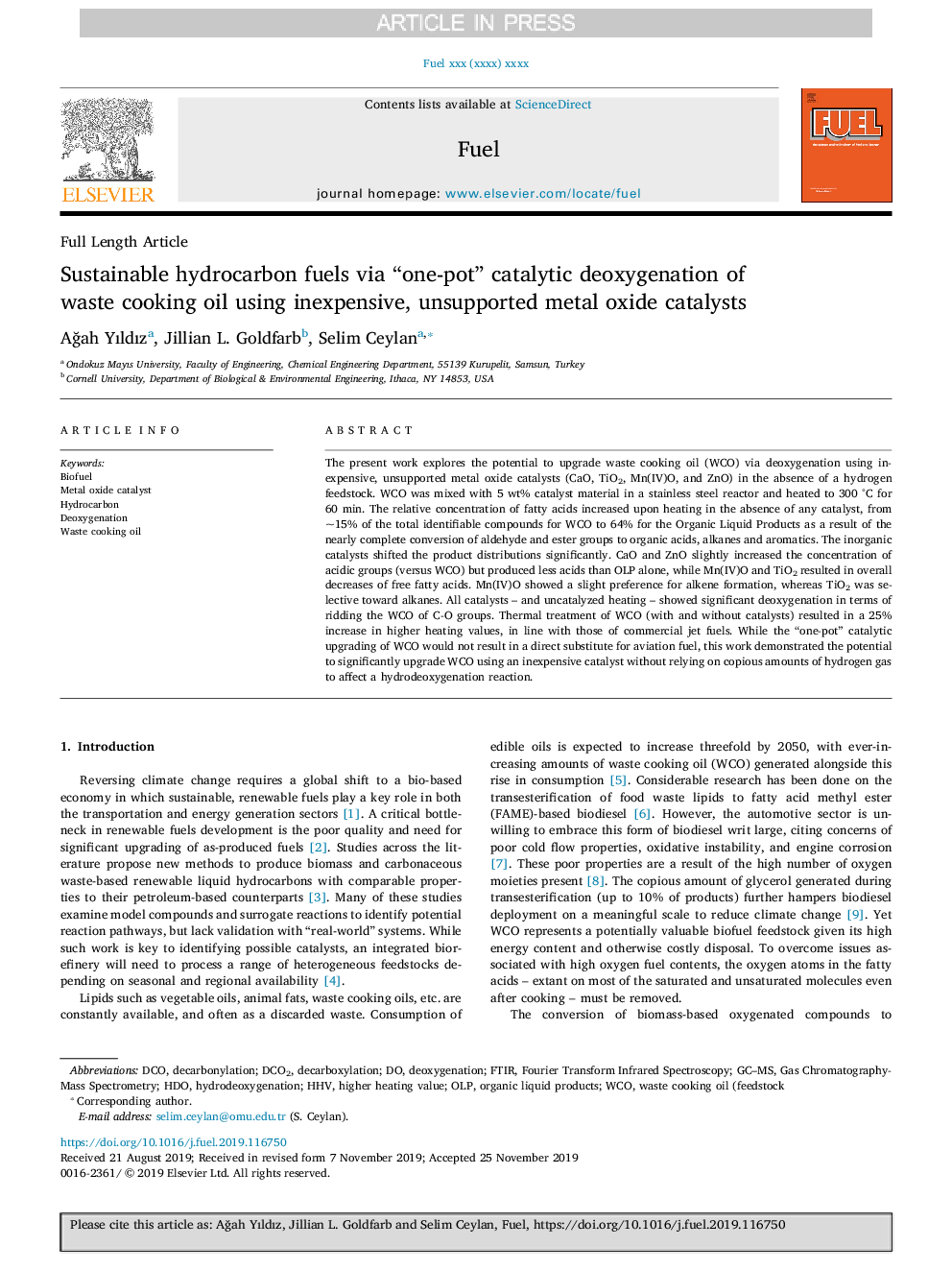 Sustainable hydrocarbon fuels via “one-pot” catalytic deoxygenation of waste cooking oil using inexpensive, unsupported metal oxide catalysts