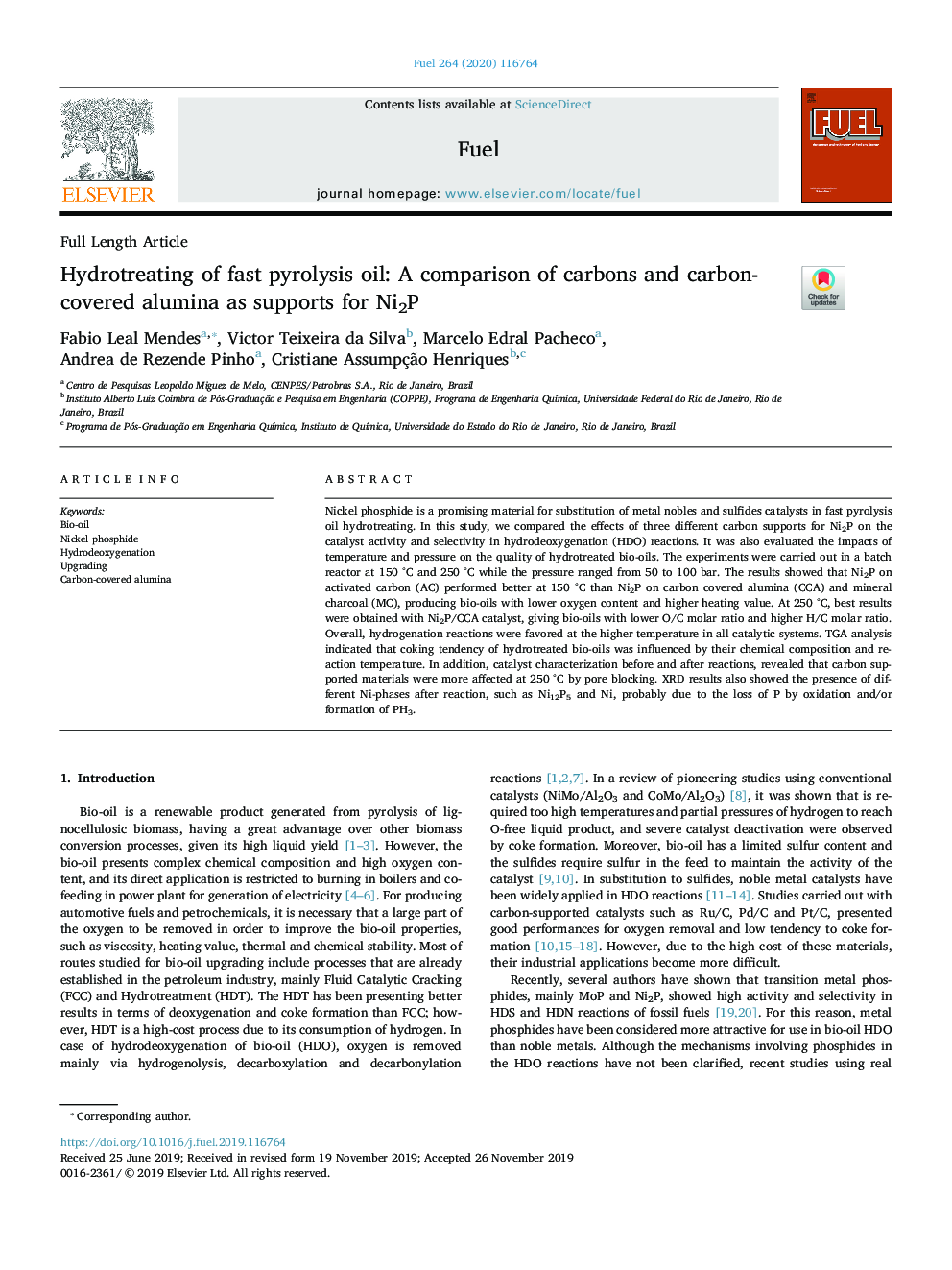 Hydrotreating of fast pyrolysis oil: A comparison of carbons and carbon-covered alumina as supports for Ni2P