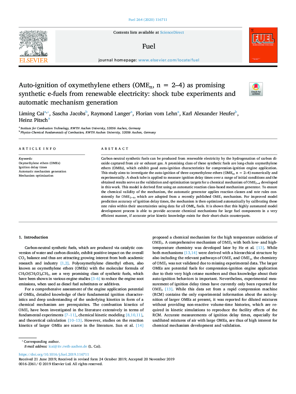 Auto-ignition of oxymethylene ethers (OMEn, nÂ =Â 2-4) as promising synthetic e-fuels from renewable electricity: shock tube experiments and automatic mechanism generation