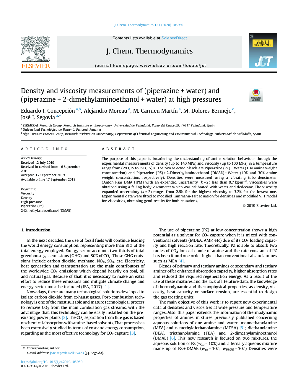 Density and viscosity measurements of (piperazineâ¯+â¯water) and (piperazineâ¯+â¯2-dimethylaminoethanolâ¯+â¯water) at high pressures