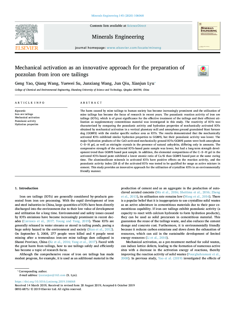 Mechanical activation as an innovative approach for the preparation of pozzolan from iron ore tailings