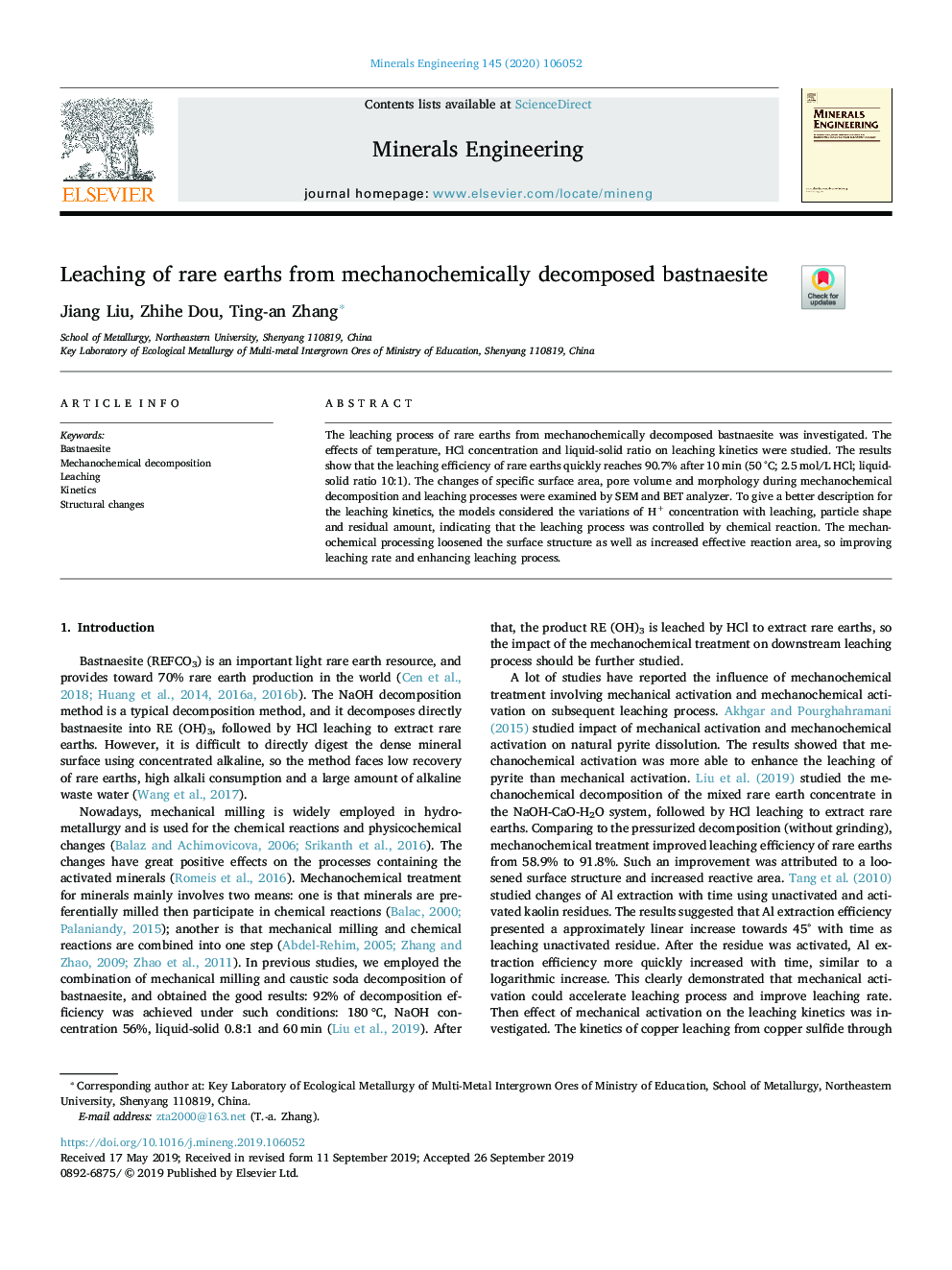 Leaching of rare earths from mechanochemically decomposed bastnaesite