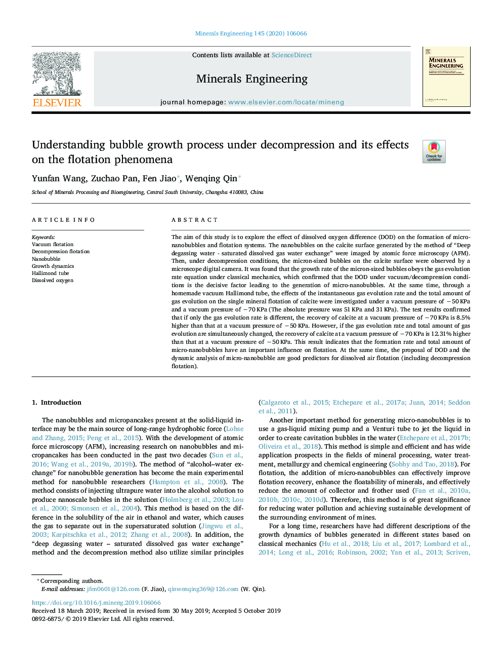 عکس صفحه اول مقاله: Understanding bubble growth process under decompression and its effects on the flotation phenomena Understanding bubble growth process under decompression and its effects on the flotation phenomena