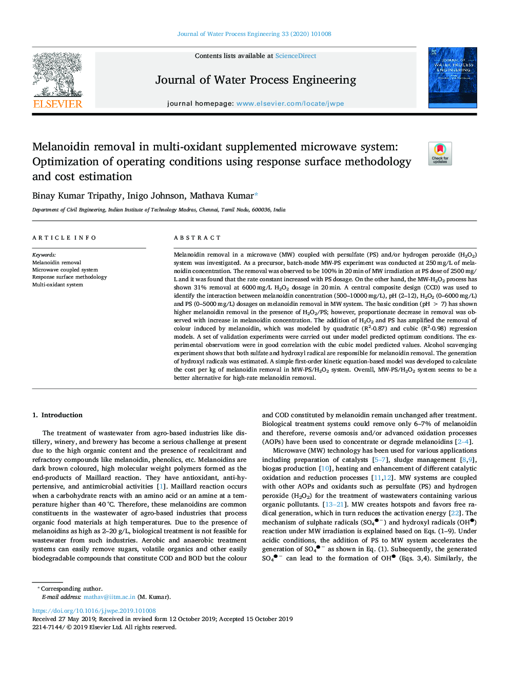 Melanoidin removal in multi-oxidant supplemented microwave system: Optimization of operating conditions using response surface methodology and cost estimation