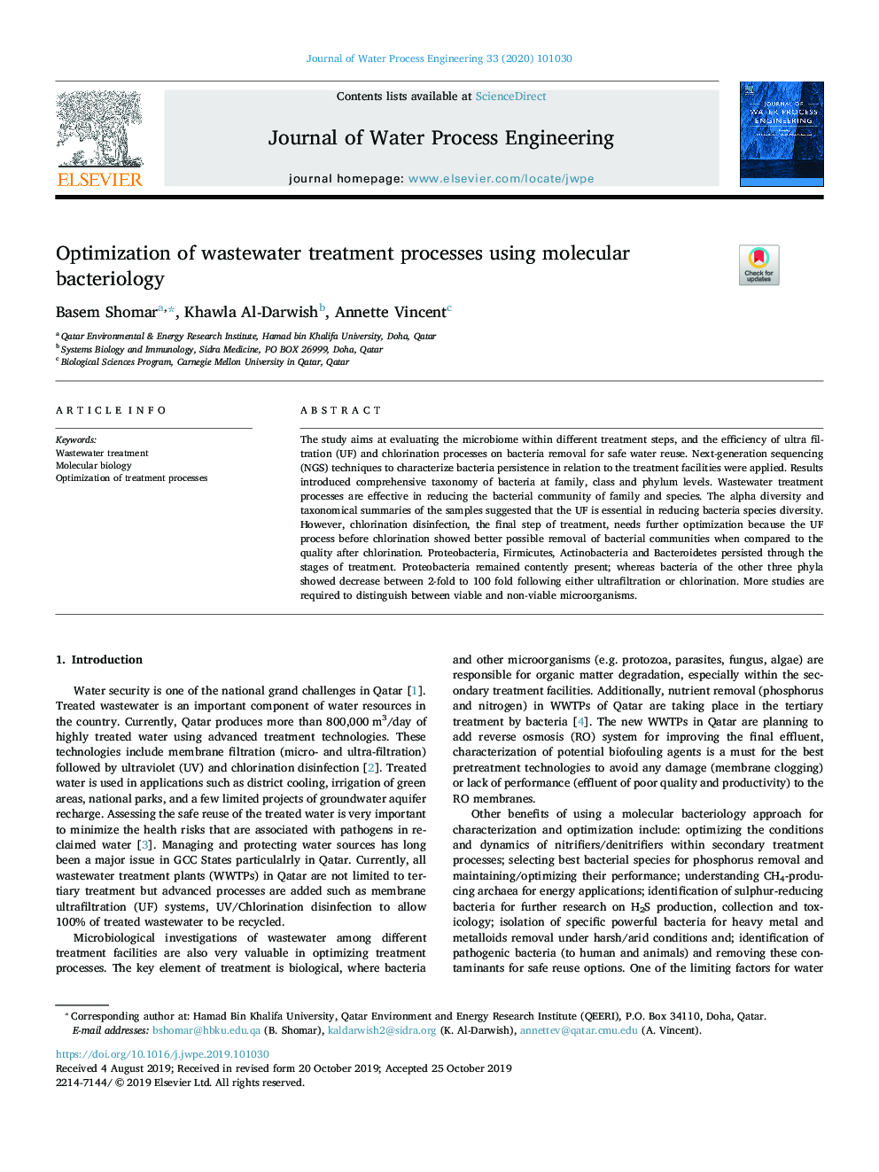 Optimization of wastewater treatment processes using molecular bacteriology