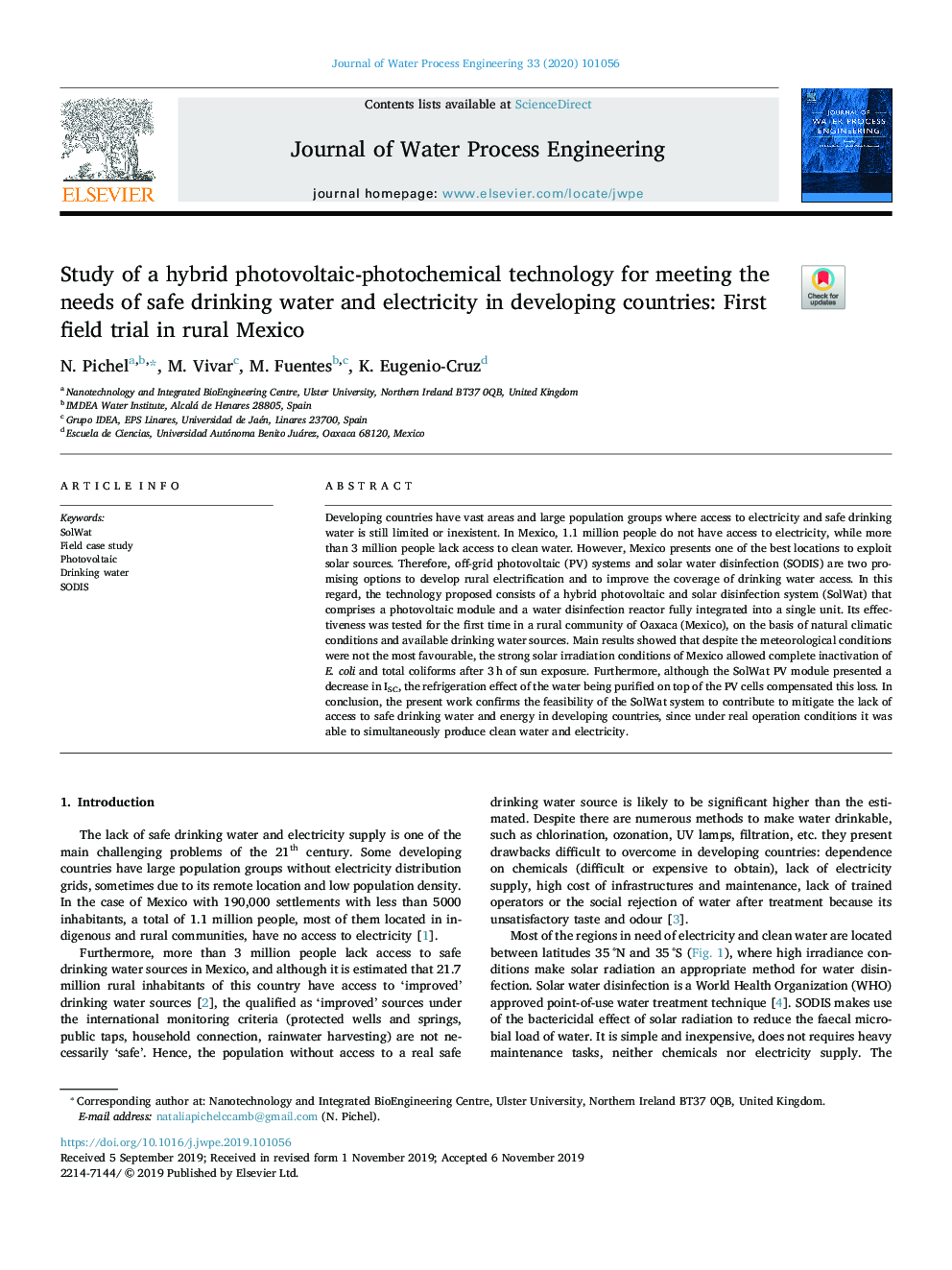 Study of a hybrid photovoltaic-photochemical technology for meeting the needs of safe drinking water and electricity in developing countries: First field trial in rural Mexico