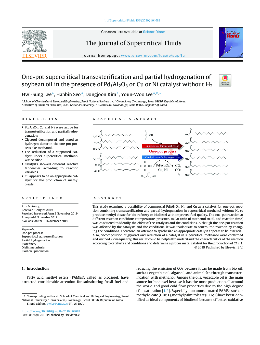 One-pot supercritical transesterification and partial hydrogenation of soybean oil in the presence of Pd/Al2O3 or Cu or Ni catalyst without H2