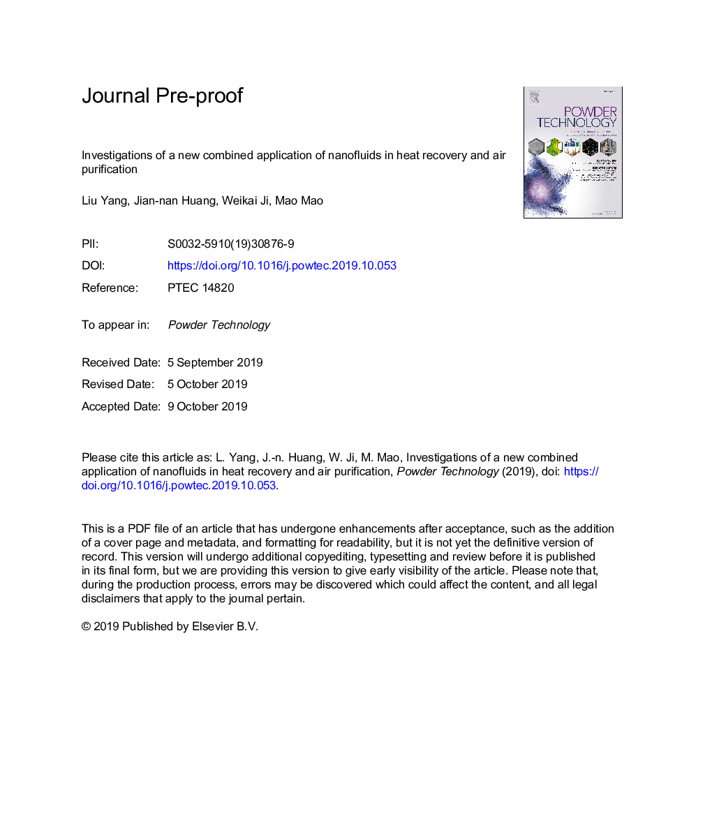 Investigations of a new combined application of nanofluids in heat recovery and air purification