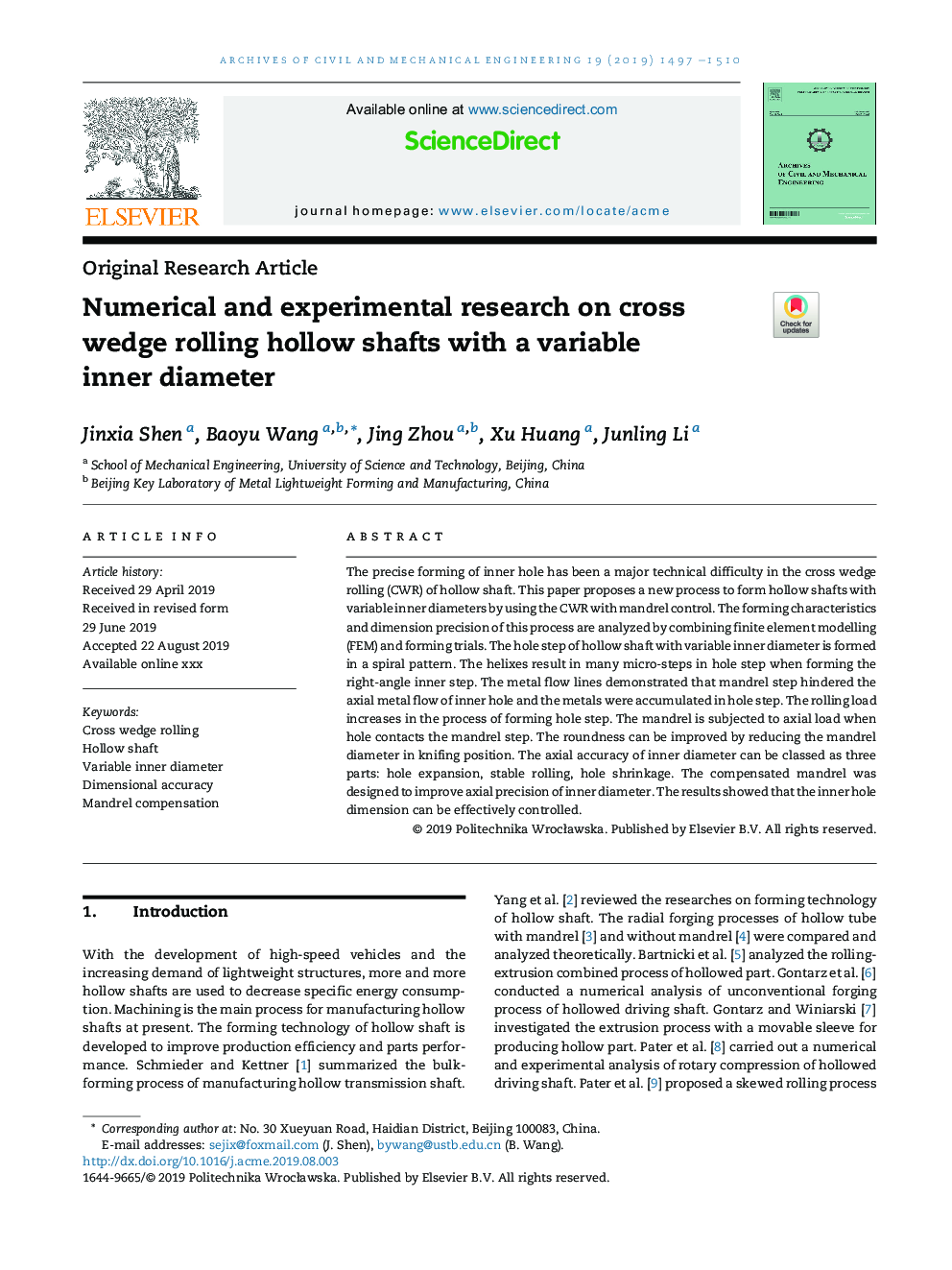 Numerical and experimental research on cross wedge rolling hollow shafts with a variable inner diameter