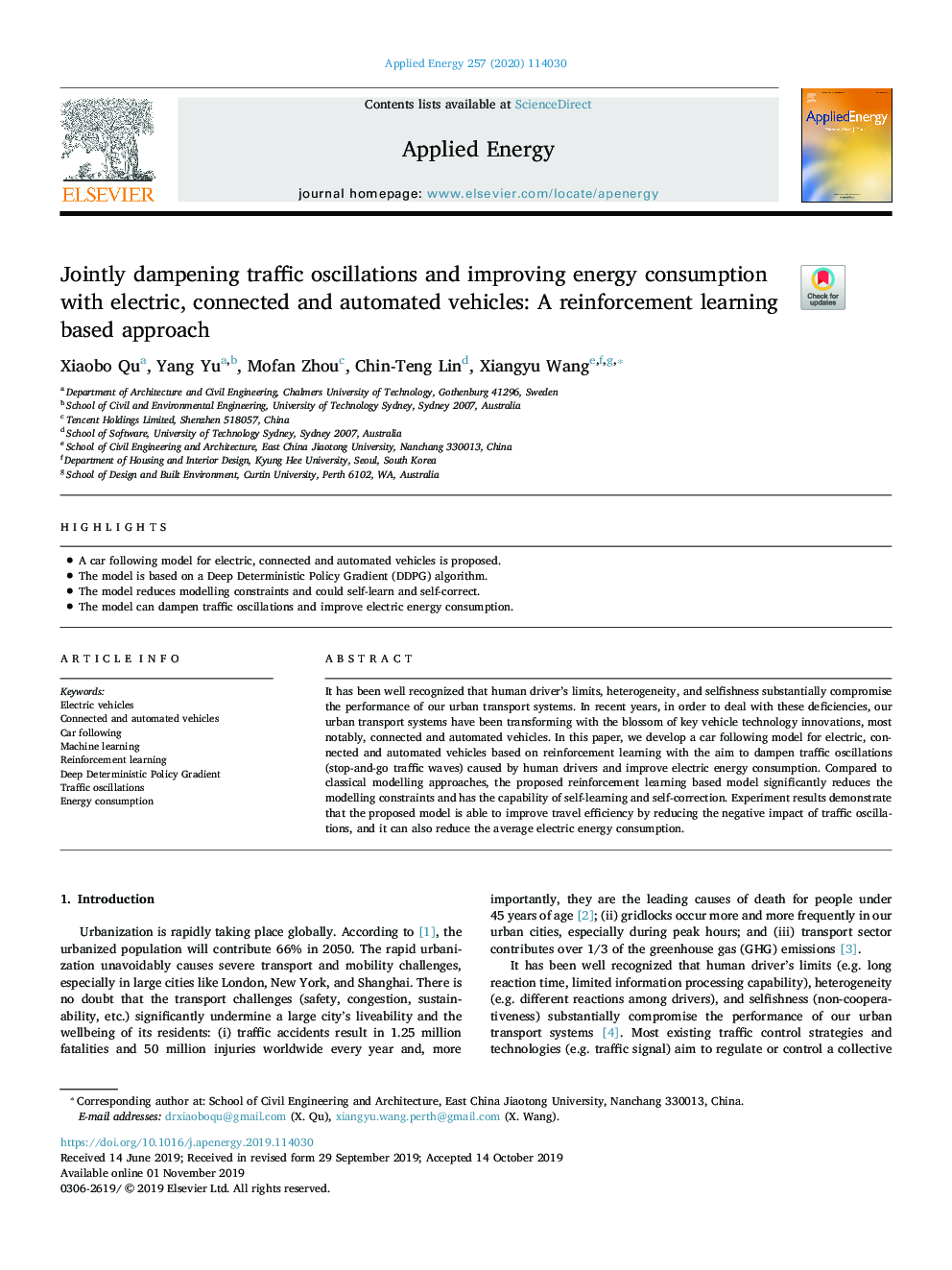 Jointly dampening traffic oscillations and improving energy consumption with electric, connected and automated vehicles: A reinforcement learning based approach