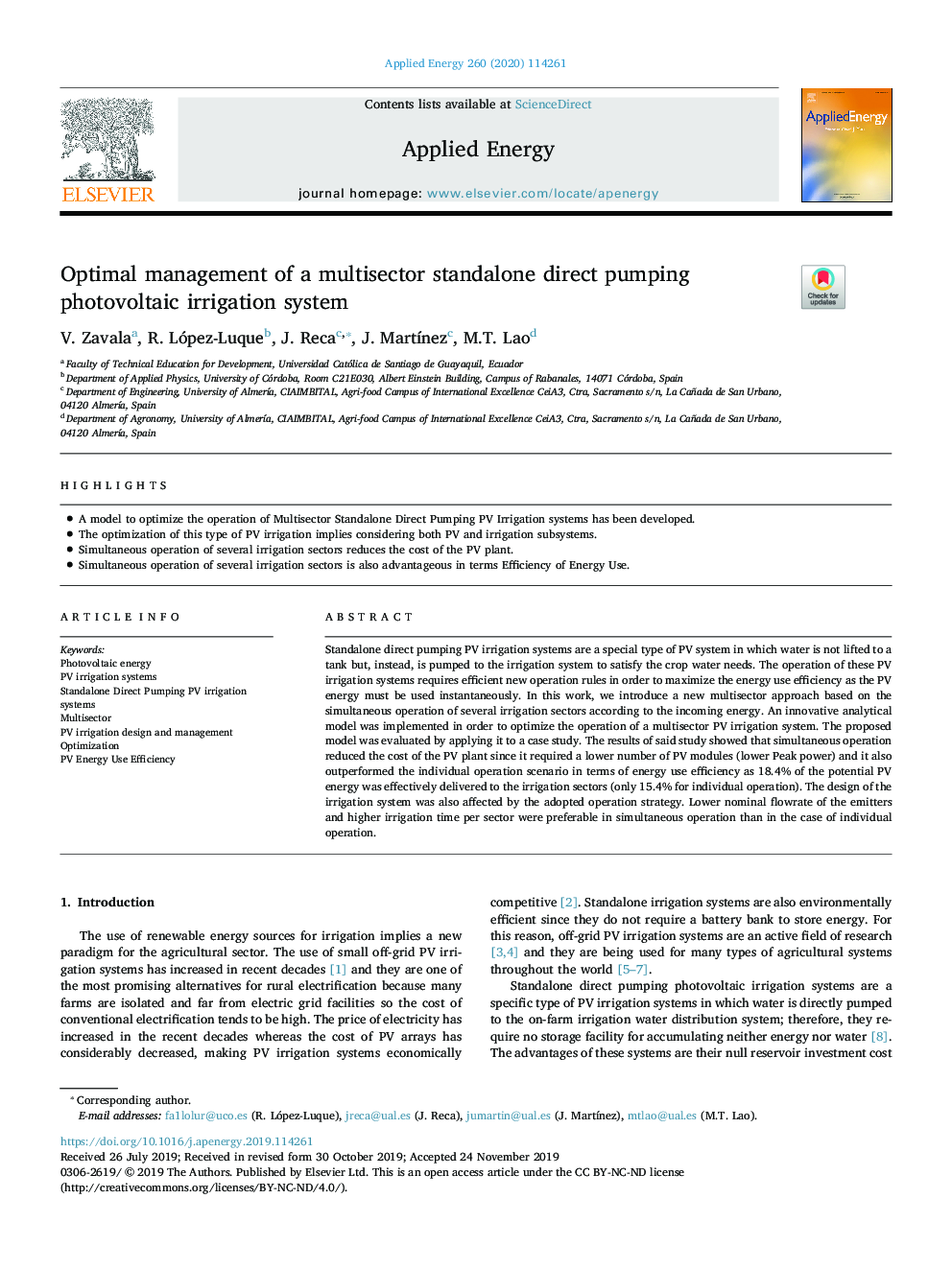 Optimal management of a multisector standalone direct pumping photovoltaic irrigation system