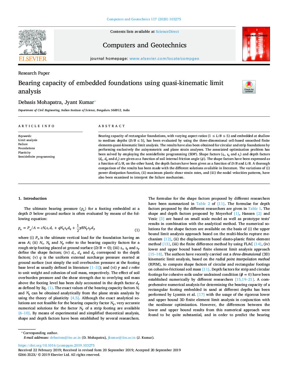 Bearing capacity of embedded foundations using quasi-kinematic limit analysis