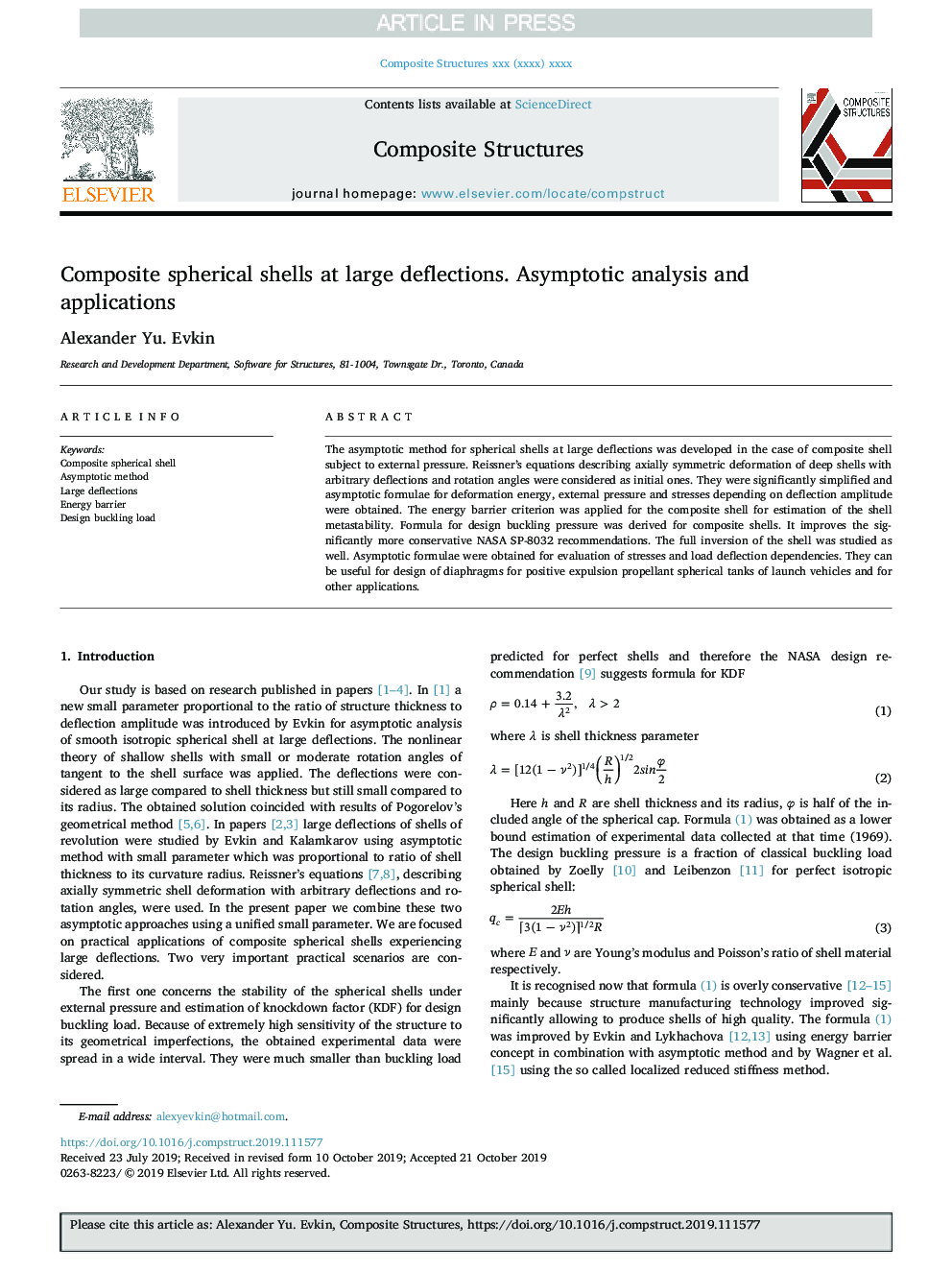 Composite spherical shells at large deflections. Asymptotic analysis and applications