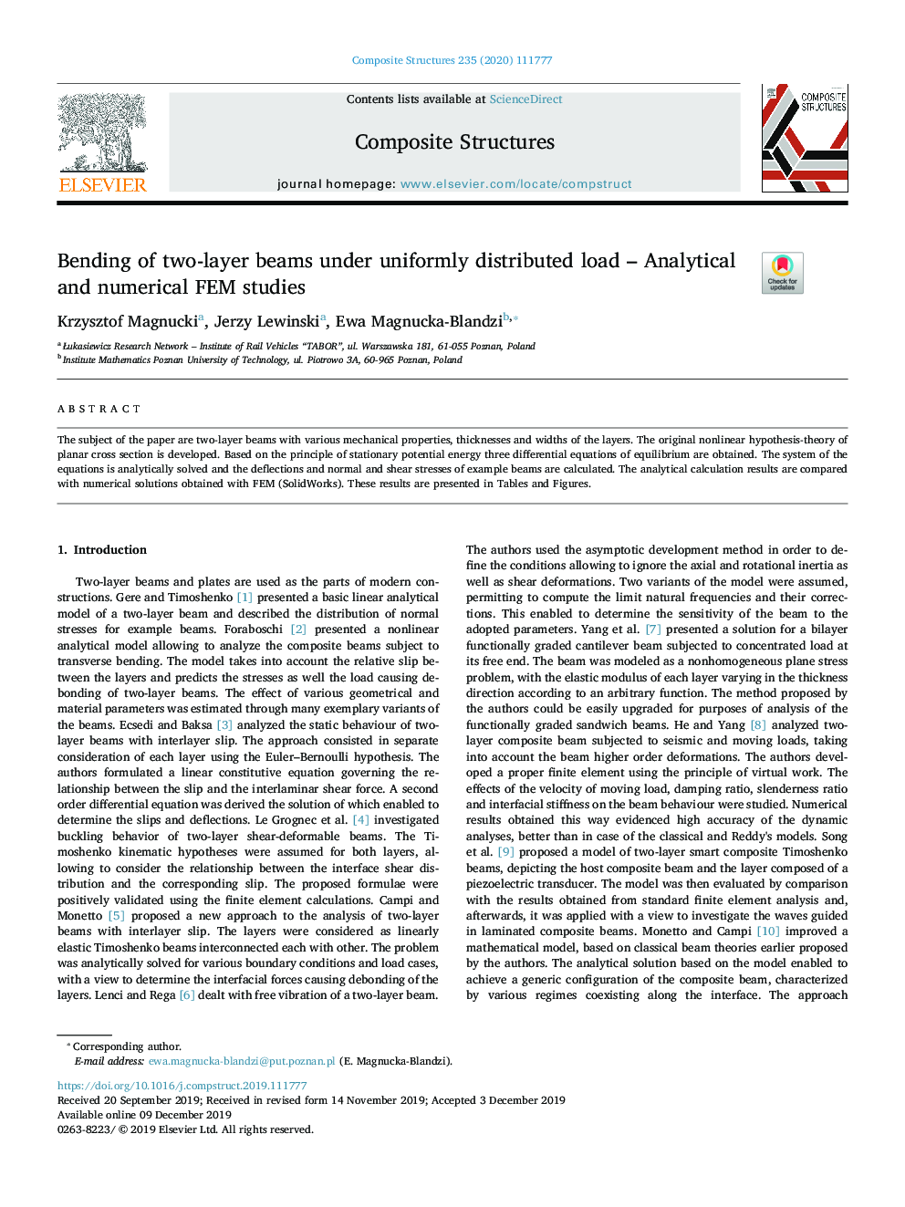 Bending of two-layer beams under uniformly distributed load - Analytical and numerical FEM studies