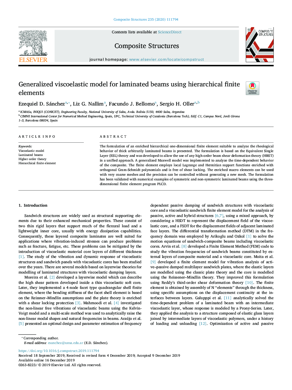 Generalized viscoelastic model for laminated beams using hierarchical finite elements