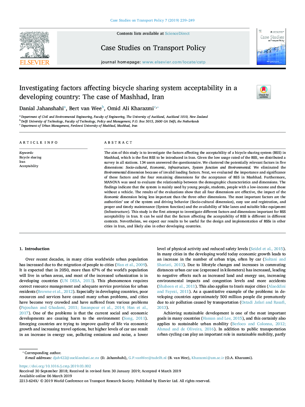 Investigating factors affecting bicycle sharing system acceptability in a developing country: The case of Mashhad, Iran