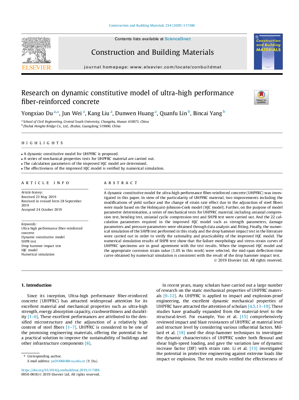 Research on dynamic constitutive model of ultra-high performance fiber-reinforced concrete