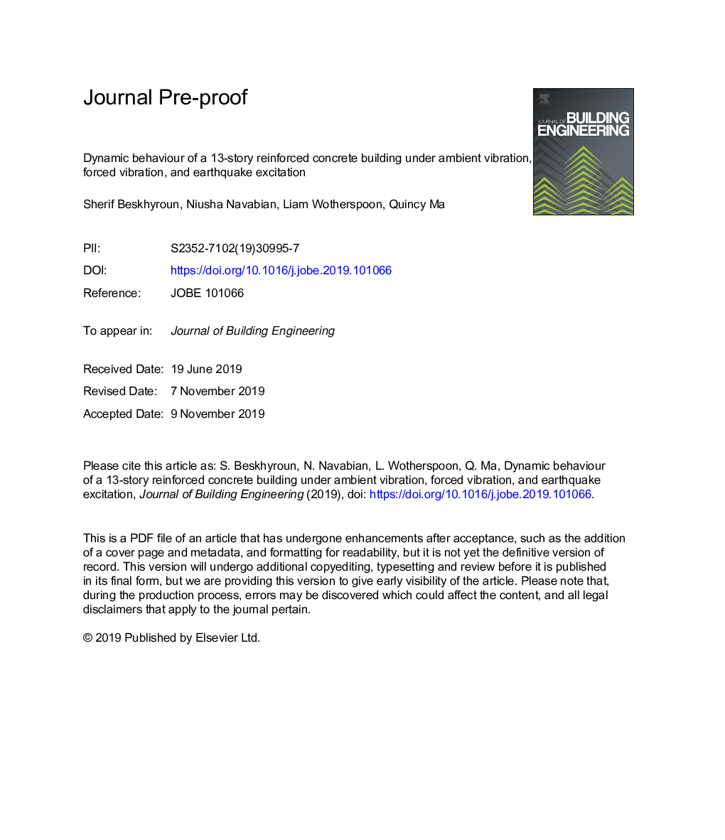 Dynamic behaviour of a 13-story reinforced concrete building under ambient vibration, forced vibration, and earthquake excitation