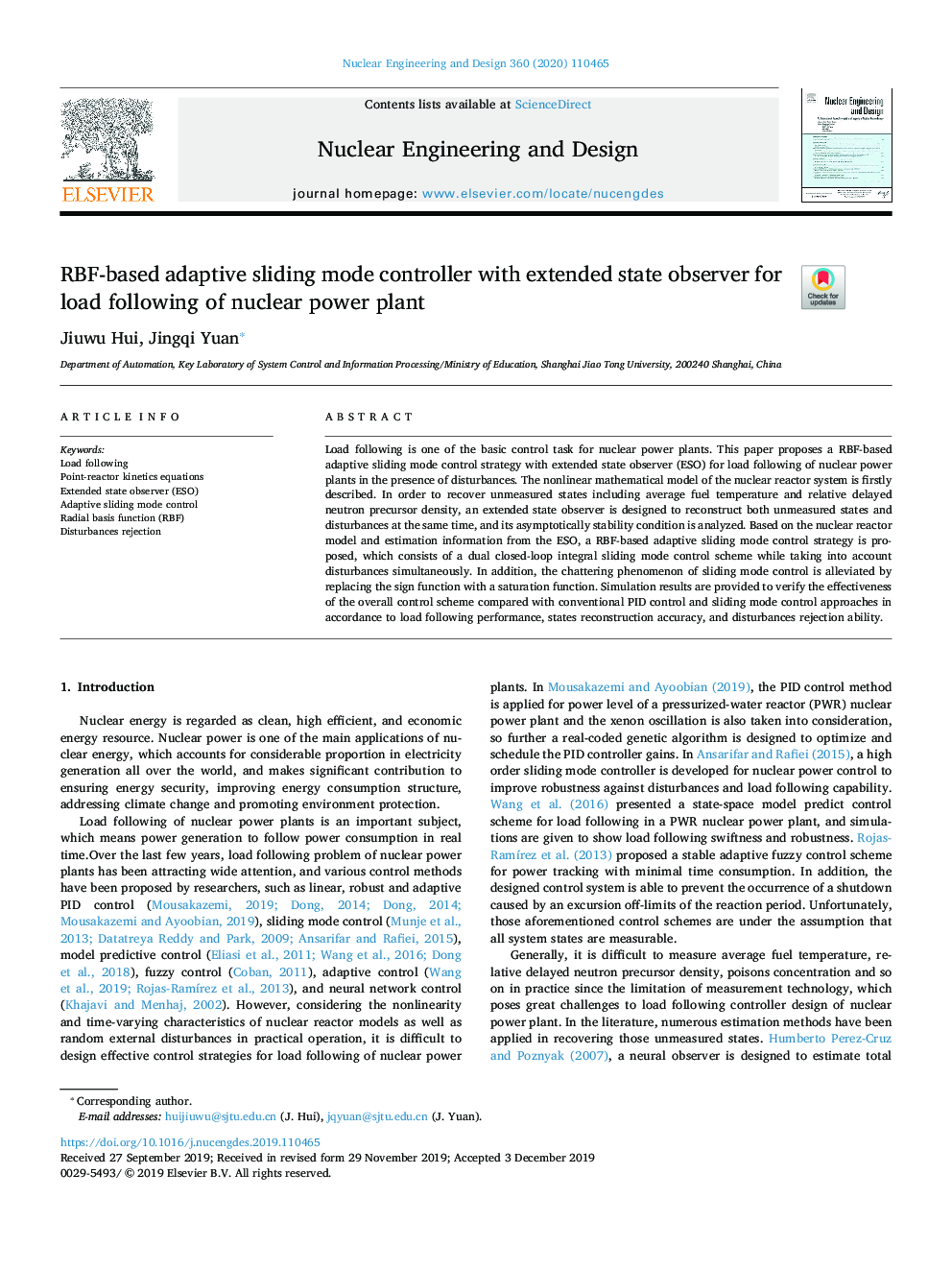 RBF-based adaptive sliding mode controller with extended state observer for load following of nuclear power plant