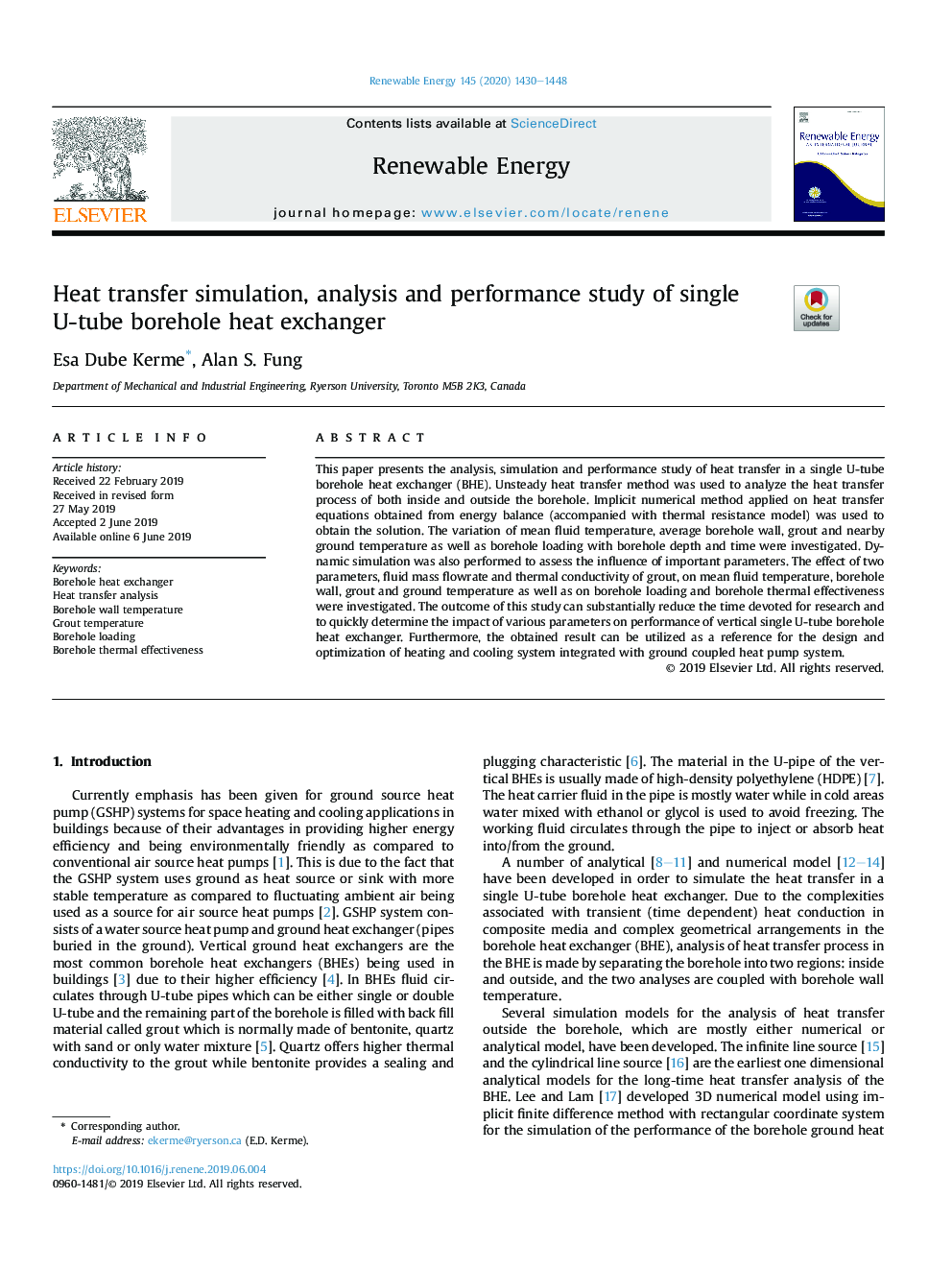 Heat transfer simulation, analysis and performance study of single U-tube borehole heat exchanger