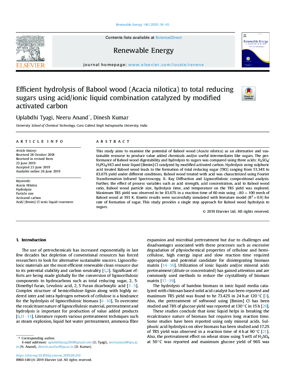 Efficient hydrolysis of Babool wood (Acacia nilotica) to total reducing sugars using acid/ionic liquid combination catalyzed by modified activated carbon