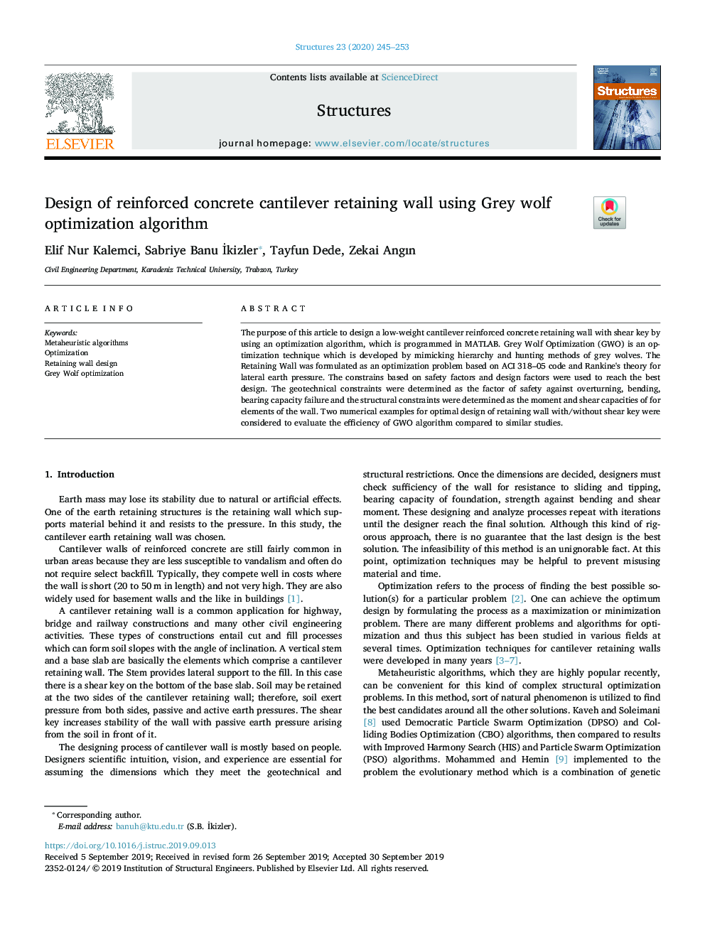 Design of reinforced concrete cantilever retaining wall using Grey wolf optimization algorithm