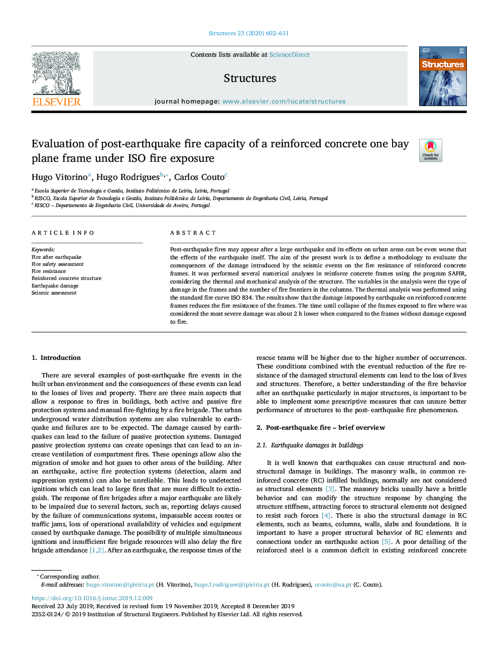 Evaluation of post-earthquake fire capacity of a reinforced concrete one bay plane frame under ISO fire exposure