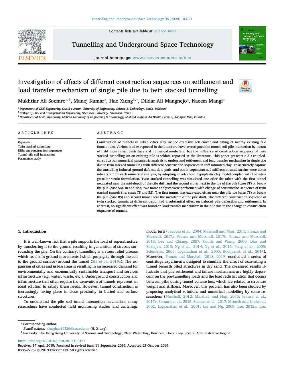 Investigation of effects of different construction sequences on settlement and load transfer mechanism of single pile due to twin stacked tunnelling