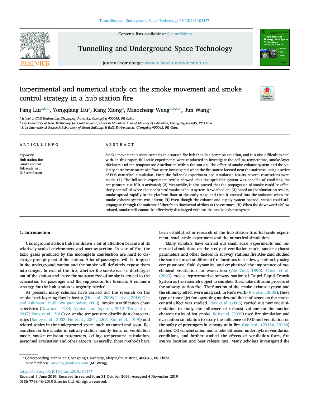 Experimental and numerical study on the smoke movement and smoke control strategy in a hub station fire