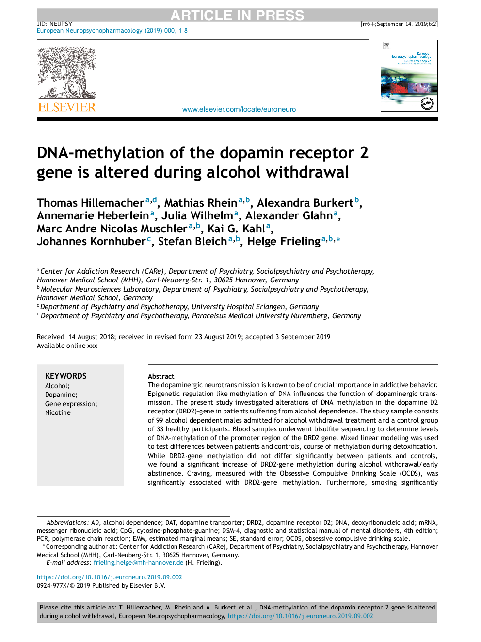 DNA-methylation of the dopamin receptor 2 gene is altered during alcohol withdrawal