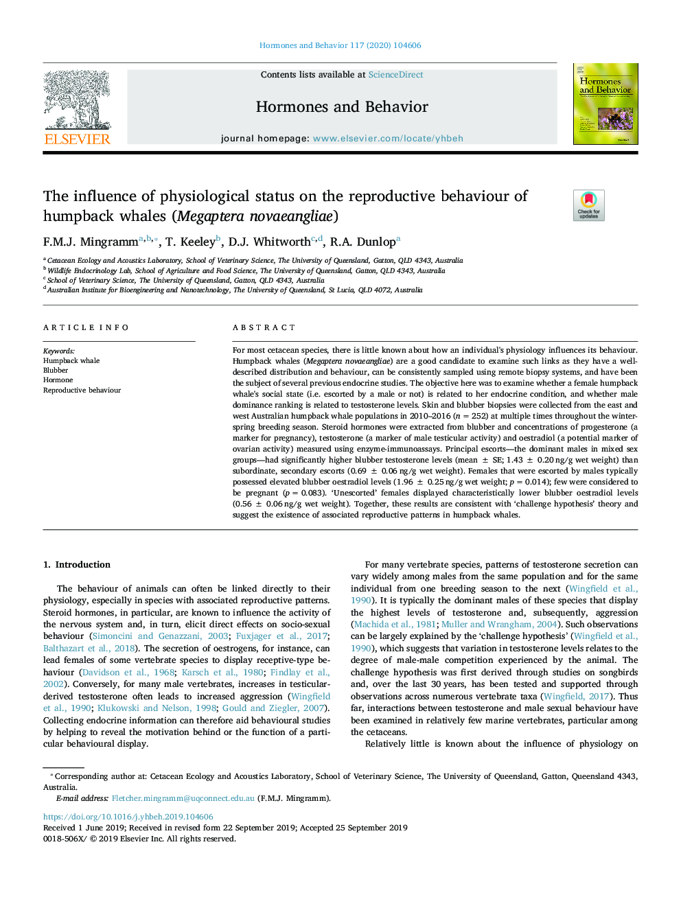 The influence of physiological status on the reproductive behaviour of humpback whales (Megaptera novaeangliae)