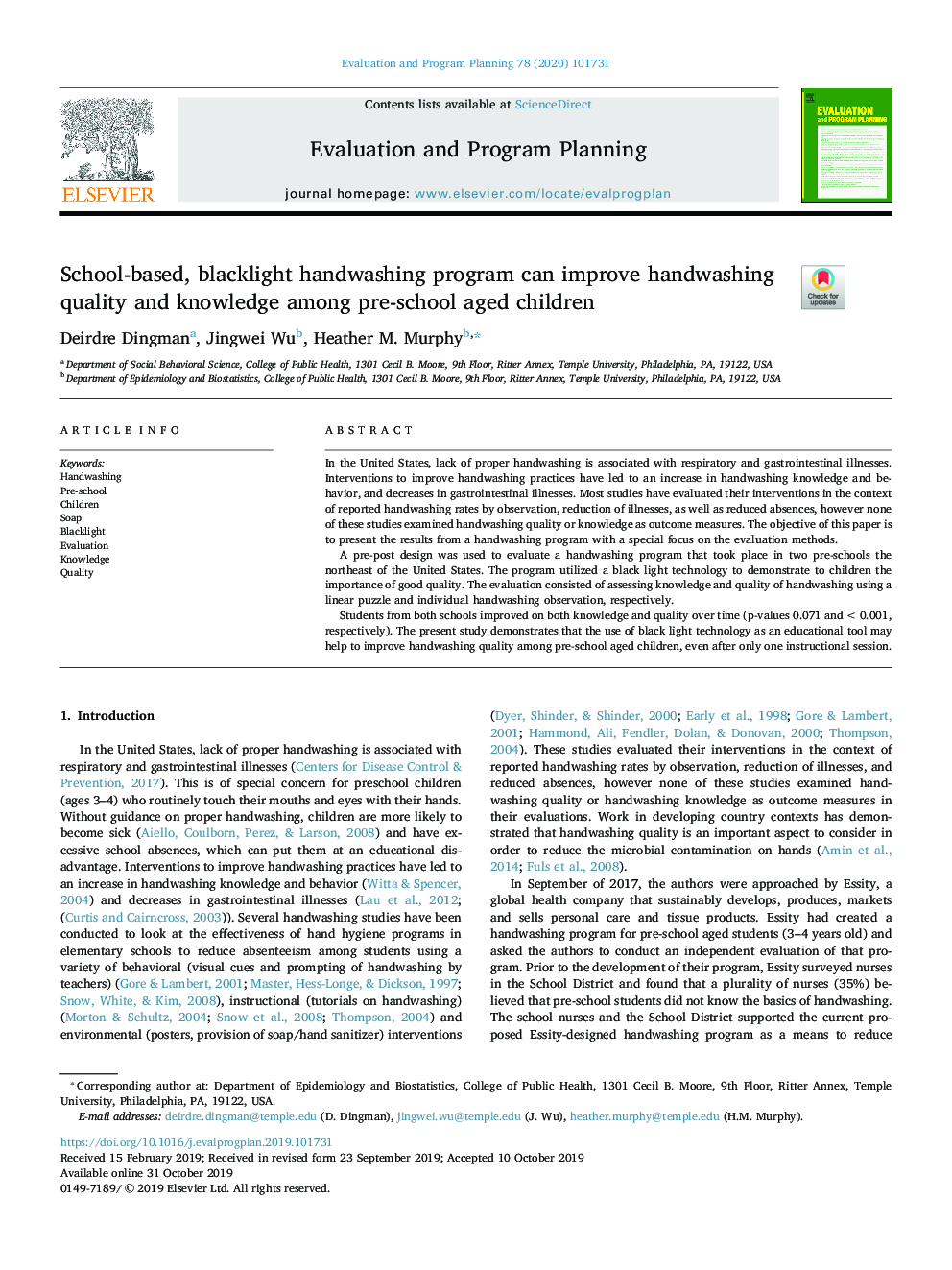 School-based, blacklight handwashing program can improve handwashing quality and knowledge among pre-school aged children