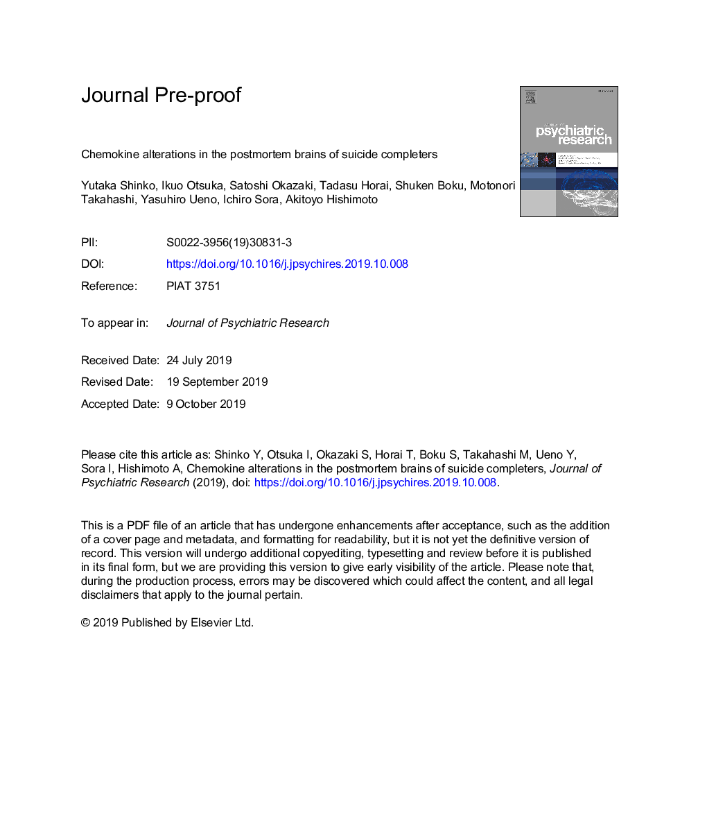 Chemokine alterations in the postmortem brains of suicide completers