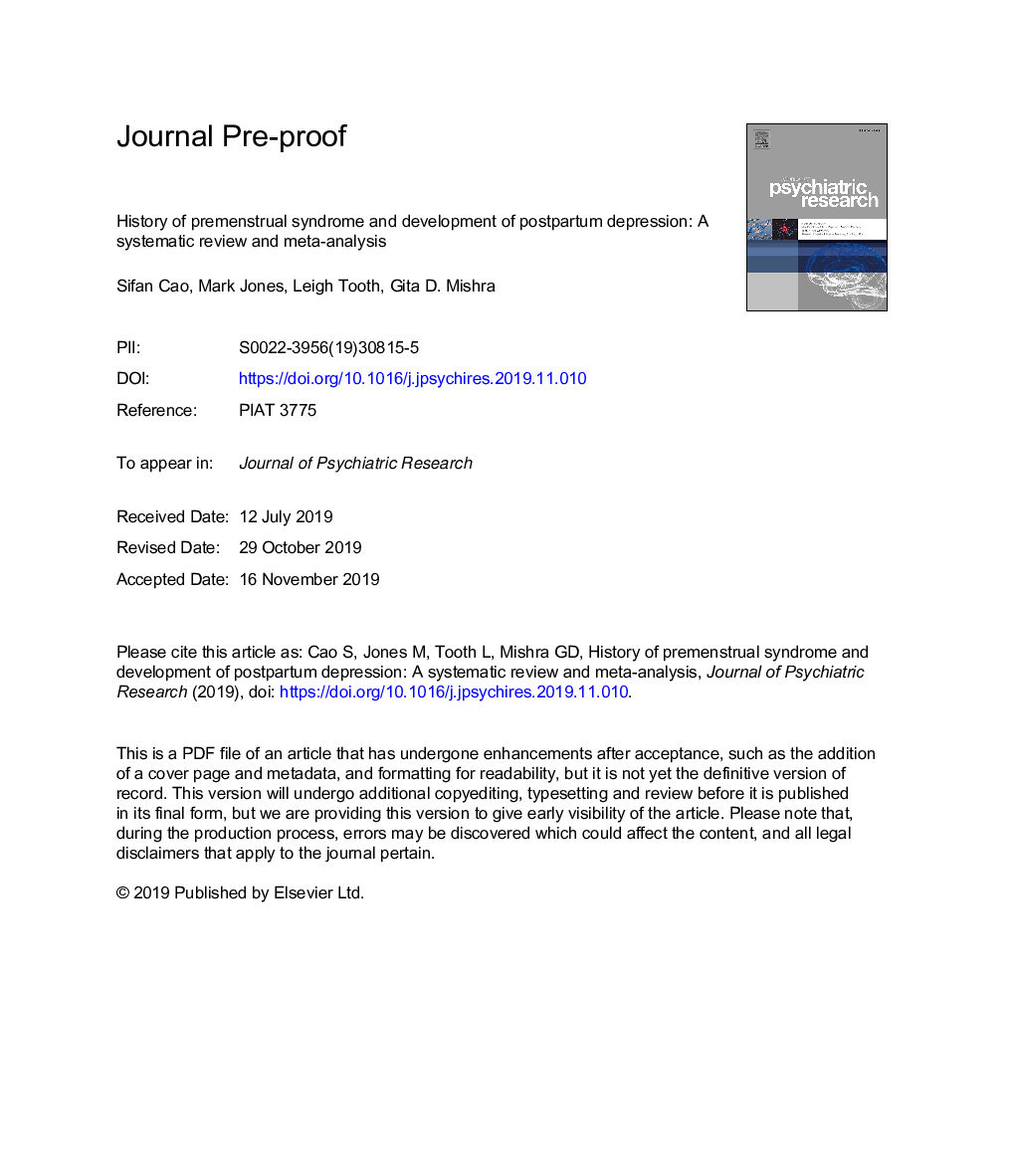 History of premenstrual syndrome and development of postpartum depression: A systematic review and meta-analysis