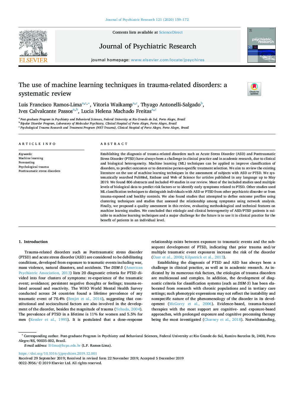 The use of machine learning techniques in trauma-related disorders: a systematic review