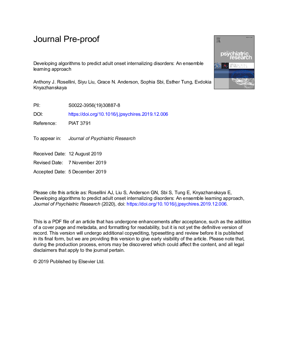 Developing algorithms to predict adult onset internalizing disorders: An ensemble learning approach