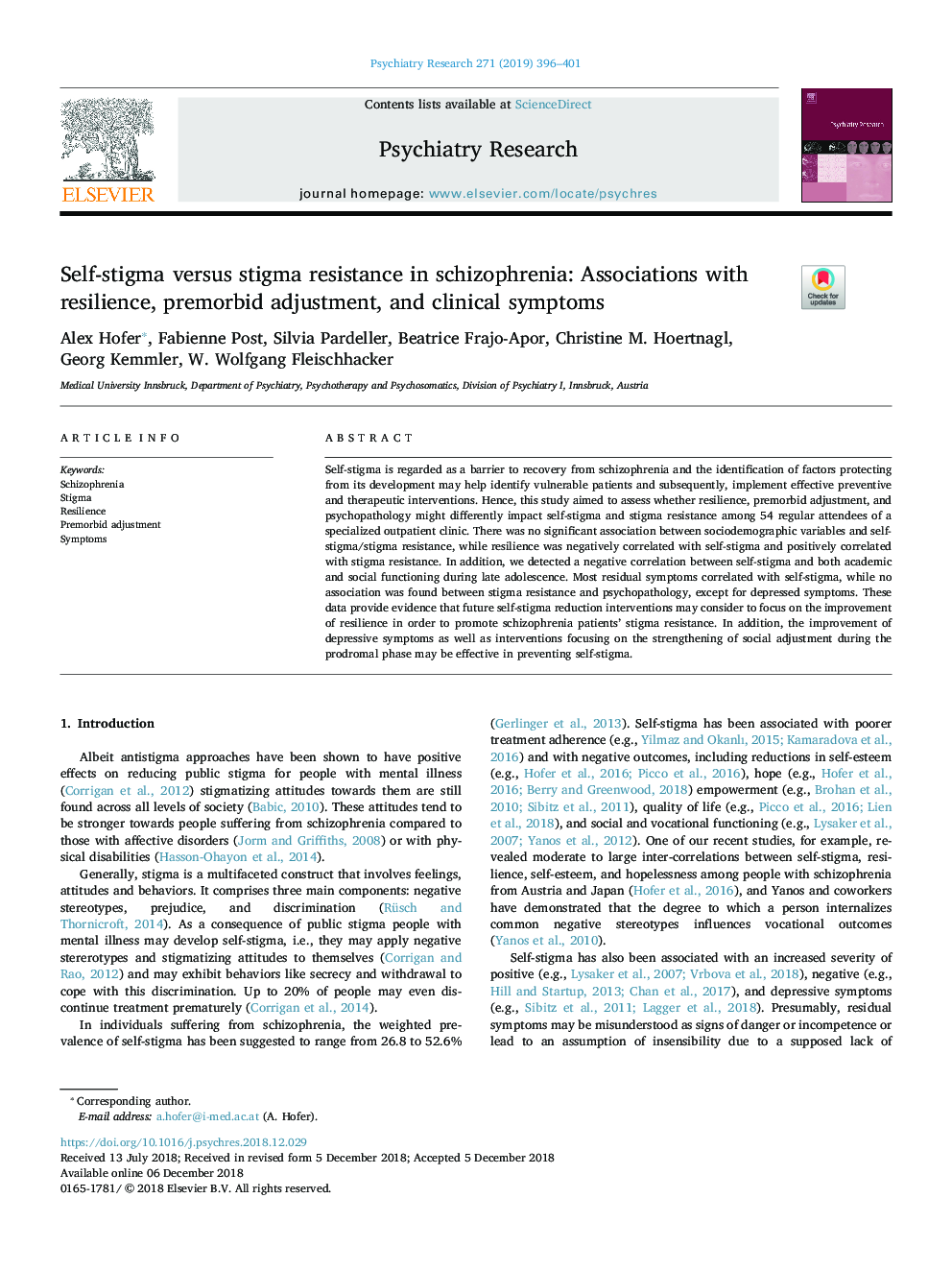 Self-stigma versus stigma resistance in schizophrenia: Associations with resilience, premorbid adjustment, and clinical symptoms