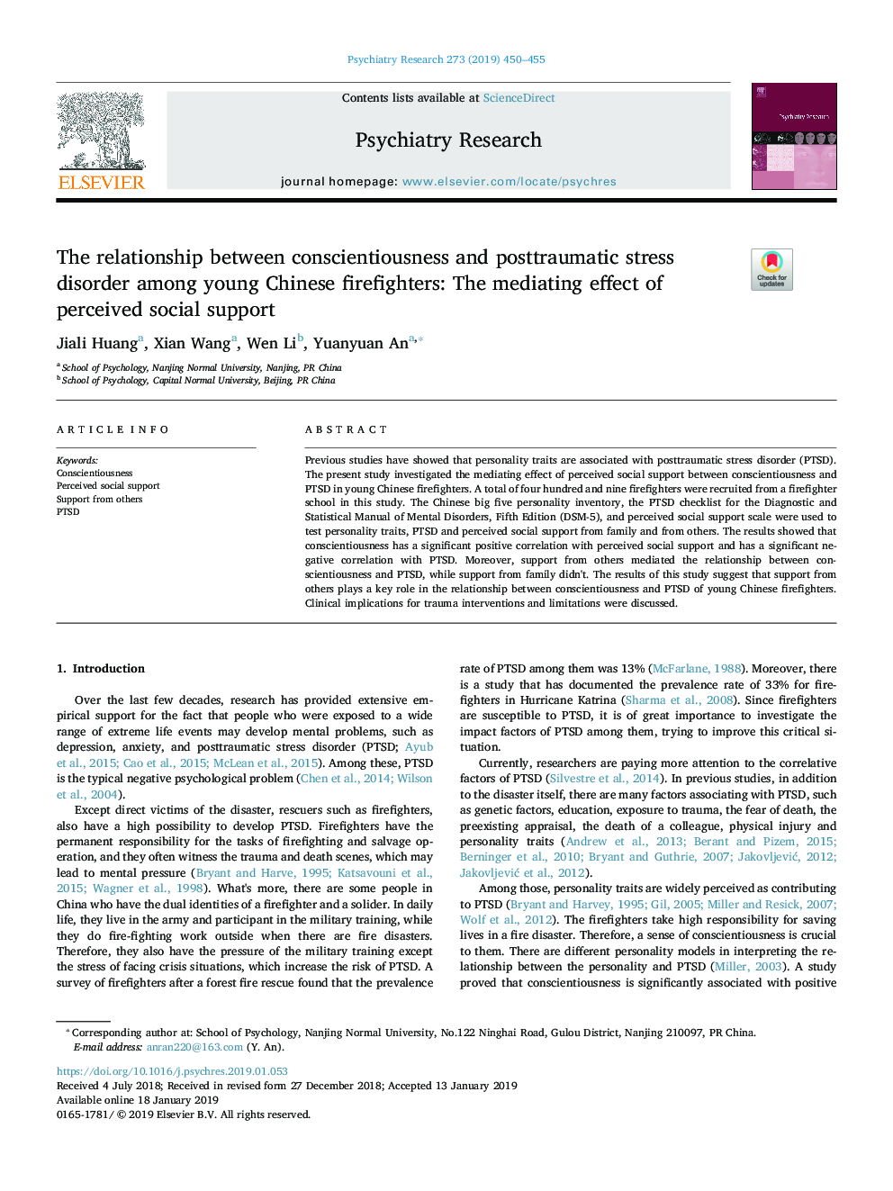 The relationship between conscientiousness and posttraumatic stress disorder among young Chinese firefighters: The mediating effect of perceived social support