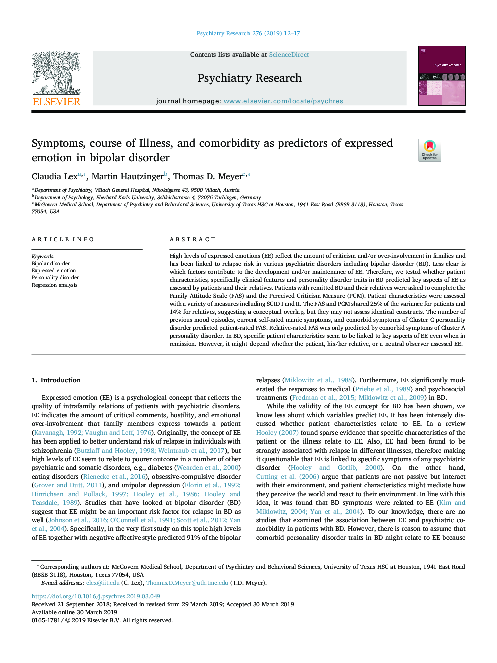 Symptoms, course of Illness, and comorbidity as predictors of expressed emotion in bipolar disorder