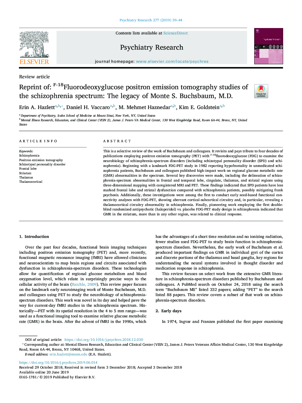 Reprint of: F-18Fluorodeoxyglucose positron emission tomography studies of the schizophrenia spectrum: The legacy of Monte S. Buchsbaum, M.D.